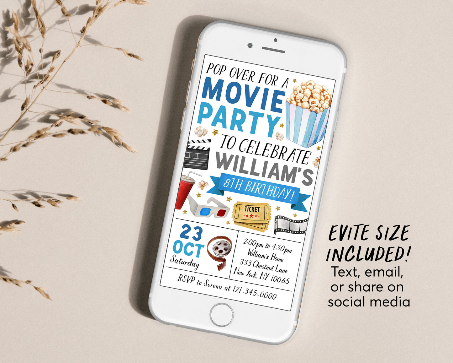 Movie Birthday Invitation Editable Template, Boy Pop On Over Cinema Movie Ticket Invite, Movie Night Kids Party Evite, Popcorn And Movies