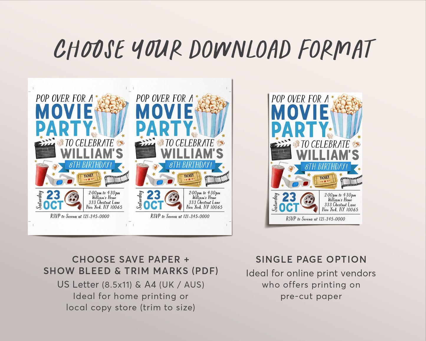 Movie Birthday Invitation Editable Template, Boy Pop On Over Cinema Movie Ticket Invite, Movie Night Kids Party Evite, Popcorn And Movies