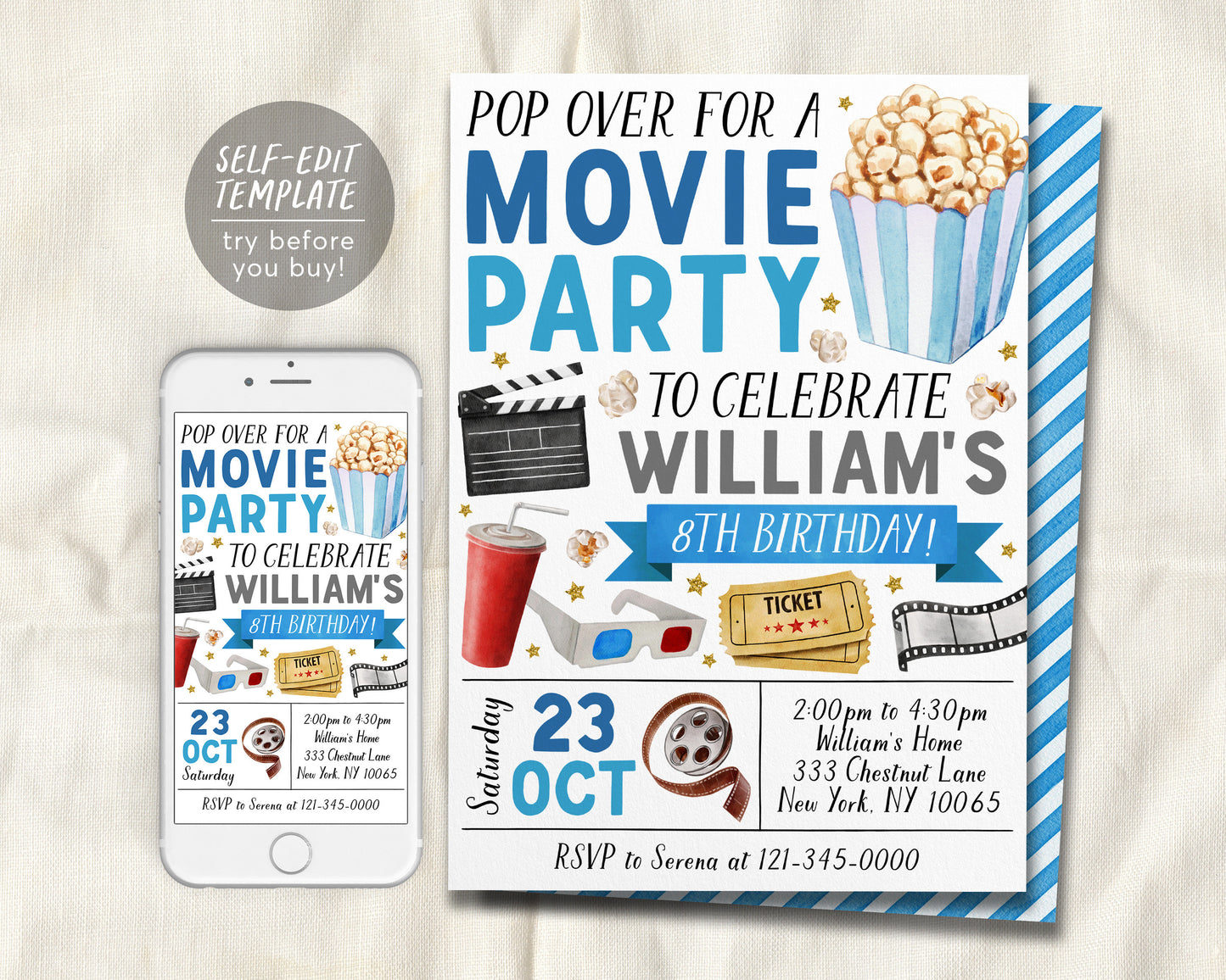 Movie Birthday Invitation Editable Template