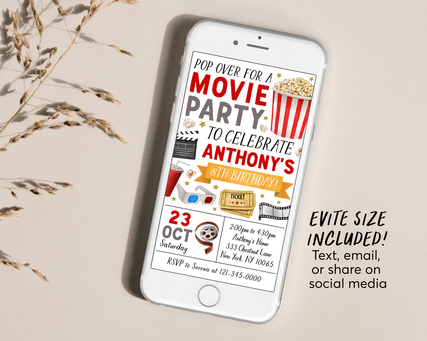Movie Birthday Invitation With Photo Editable Template, Unisex Pop On Over Cinema Movie Ticket Invite, Movie Night Kids Party Popcorn Evite