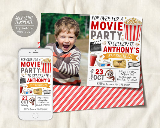 Movie Birthday Invitation With Photo Editable Template