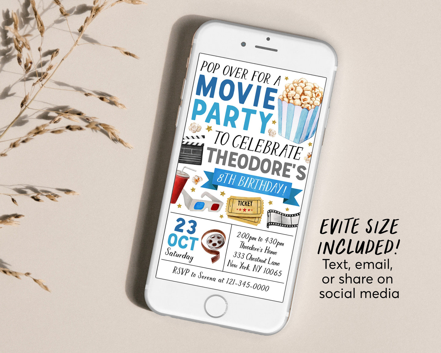 Movie Birthday Invitation With Photo Editable Template, Boy Pop On Over Cinema Movie Ticket Invite, Movie Night Kids Party Popcorn Evite