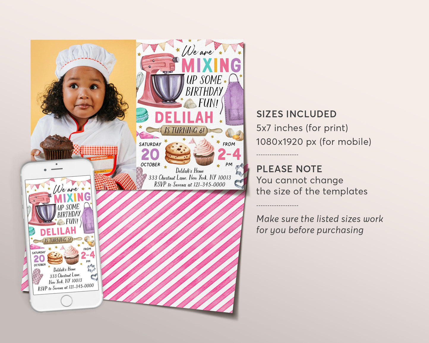 Baking Birthday Party Invitation With Photo Editable Template, Girl Chef Baking Party Invite, Pink Kids Cooking Party Evite, Cupcake Cookies