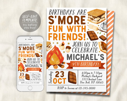 S&#39;mores Birthday Invitation Editable Template