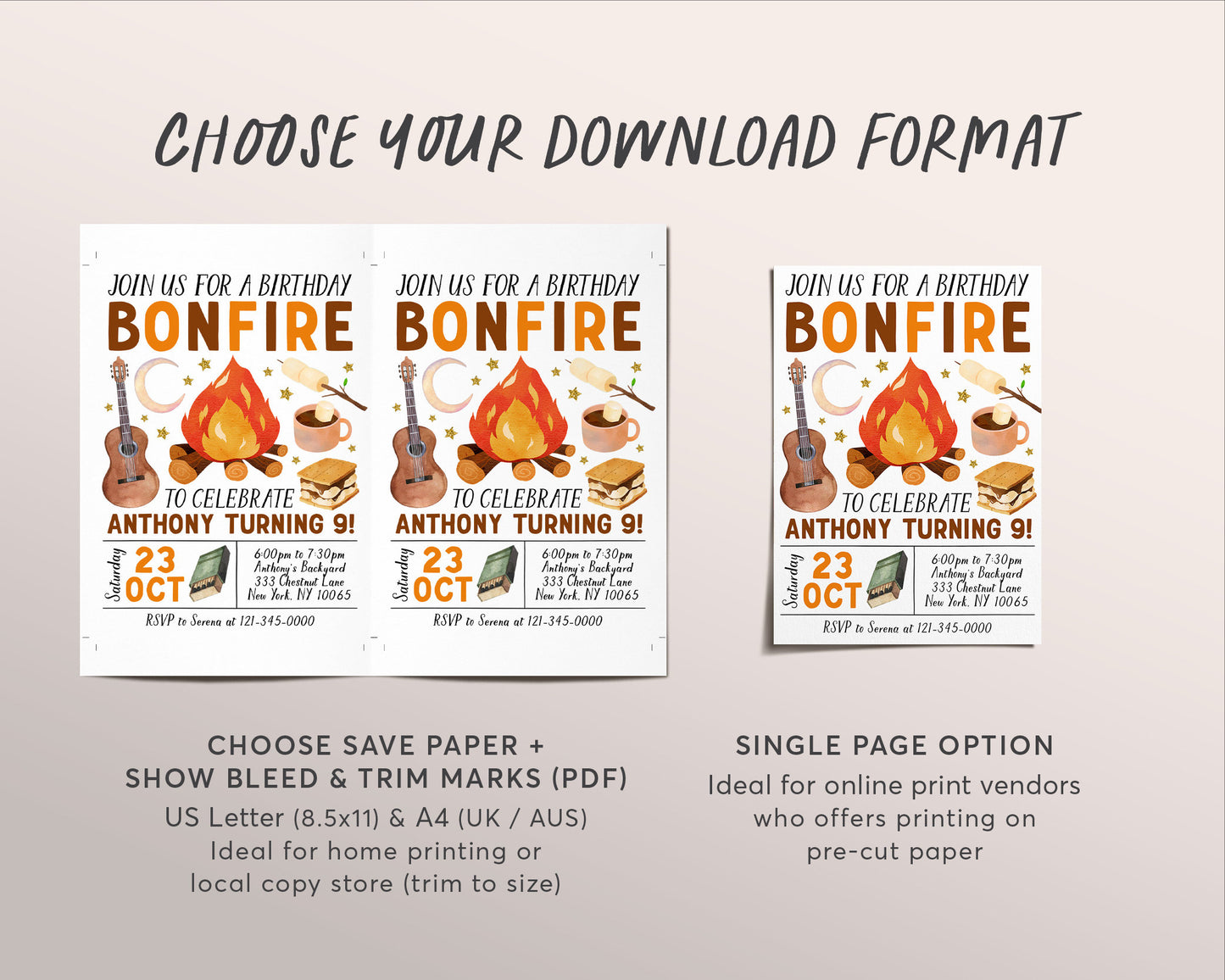 Bonfire Birthday Invitation Editable Template, Kids Backyard Campfire S'mores Invite, Kids Camping Evite, Smore Fun With Friends Printable