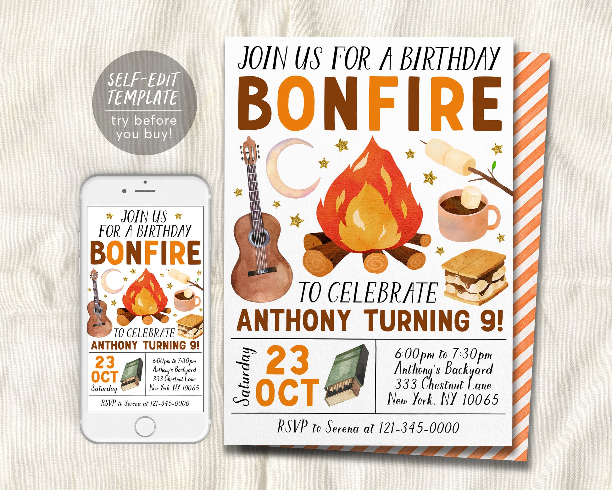 Bonfire Birthday Invitation Editable Template