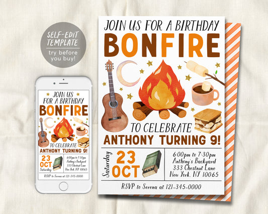 Bonfire Birthday Invitation Editable Template