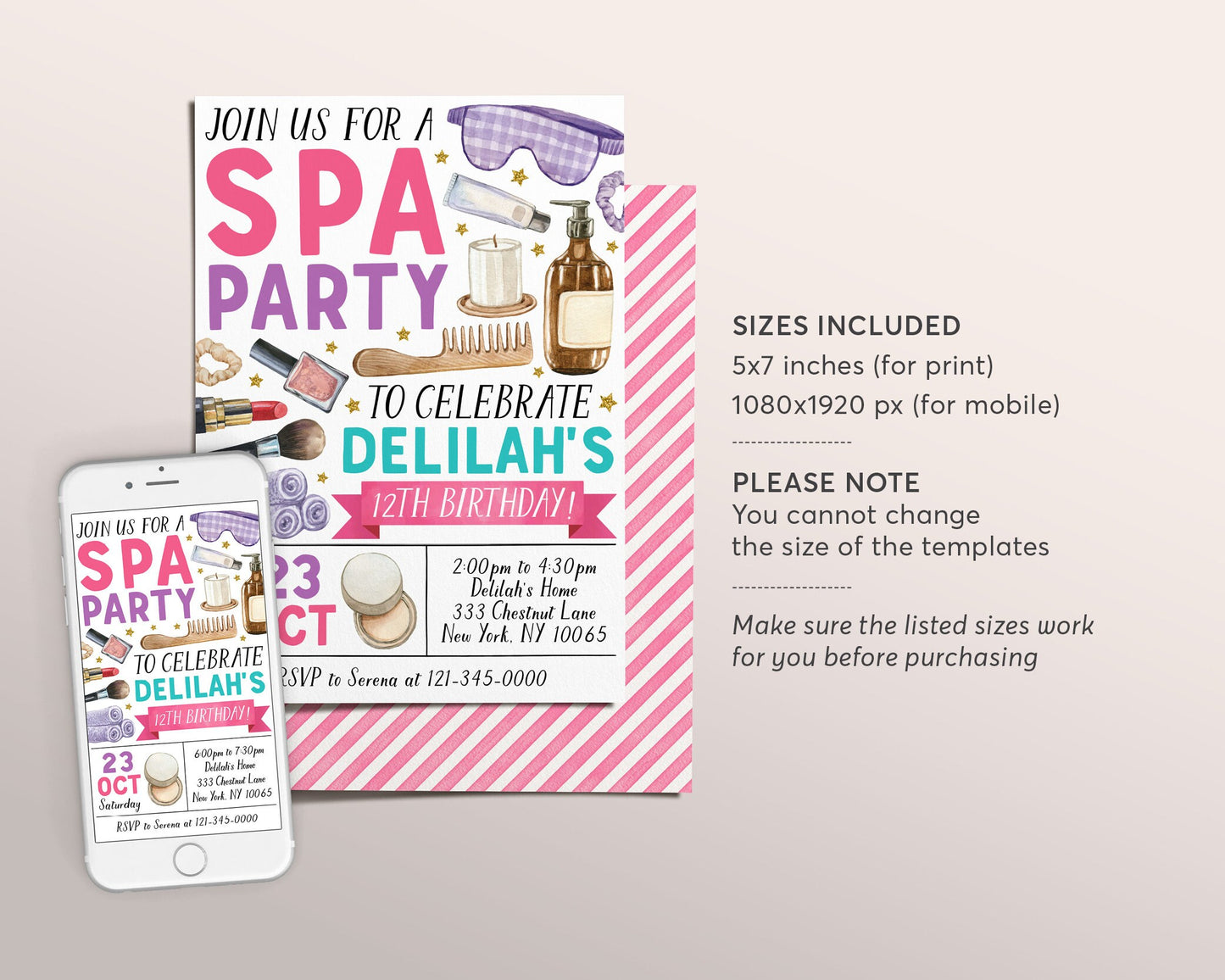 Spa Party Birthday Invitation Editable Template, Pamper Party Spa Day Invite, Tween Glitz and Glam Evite, Makeup Facial Mani Pedi Printable