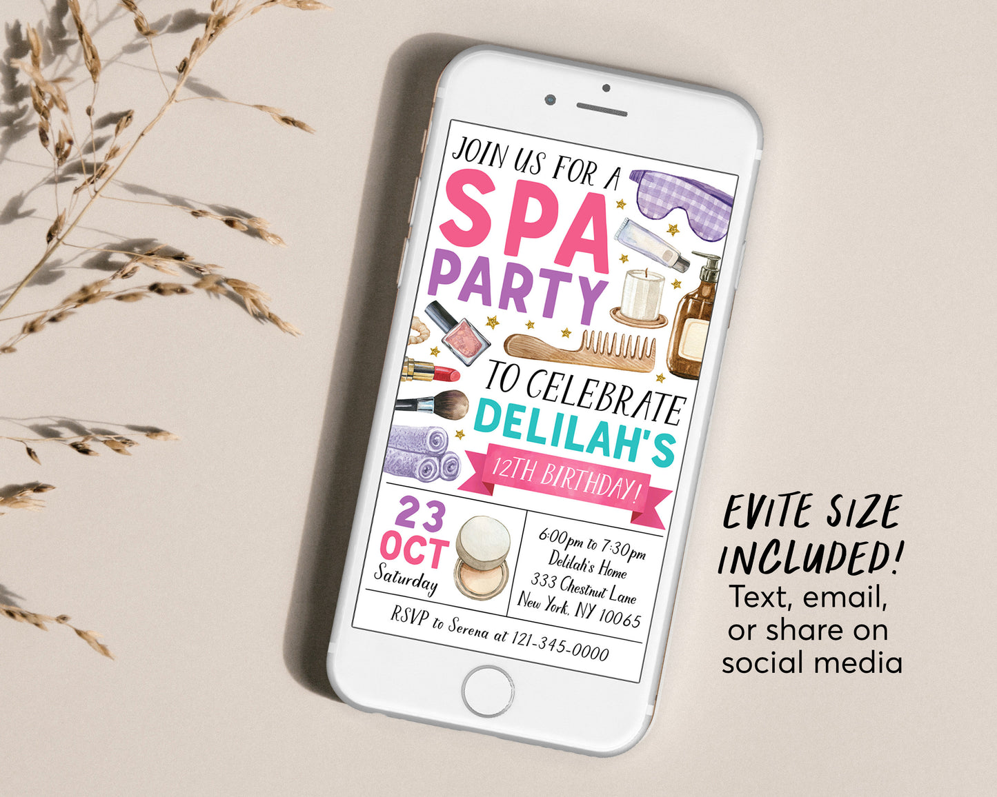 Spa Party Birthday Invitation Editable Template, Pamper Party Spa Day Invite, Tween Glitz and Glam Evite, Makeup Facial Mani Pedi Printable