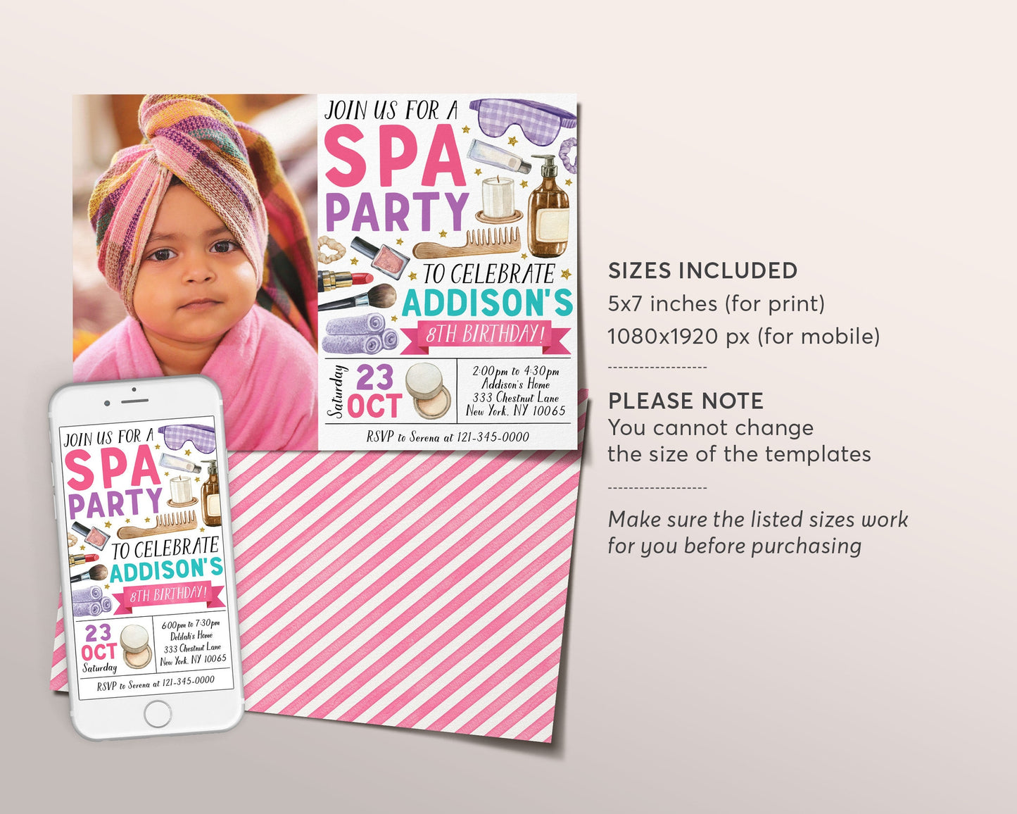 Spa Party Birthday Invitation With Photo Editable Template, Pamper Party Spa Day Invite, Tween Glitz and Glam Evite, Makeup Facial Mani Pedi