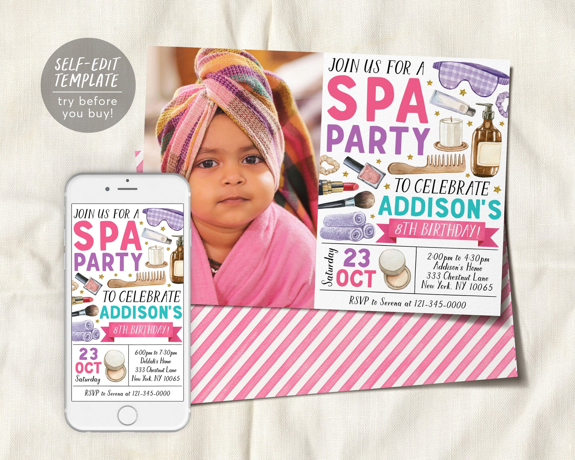 Spa Party Birthday Invitation With Photo Editable Template