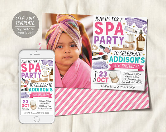 Spa Party Birthday Invitation With Photo Editable Template