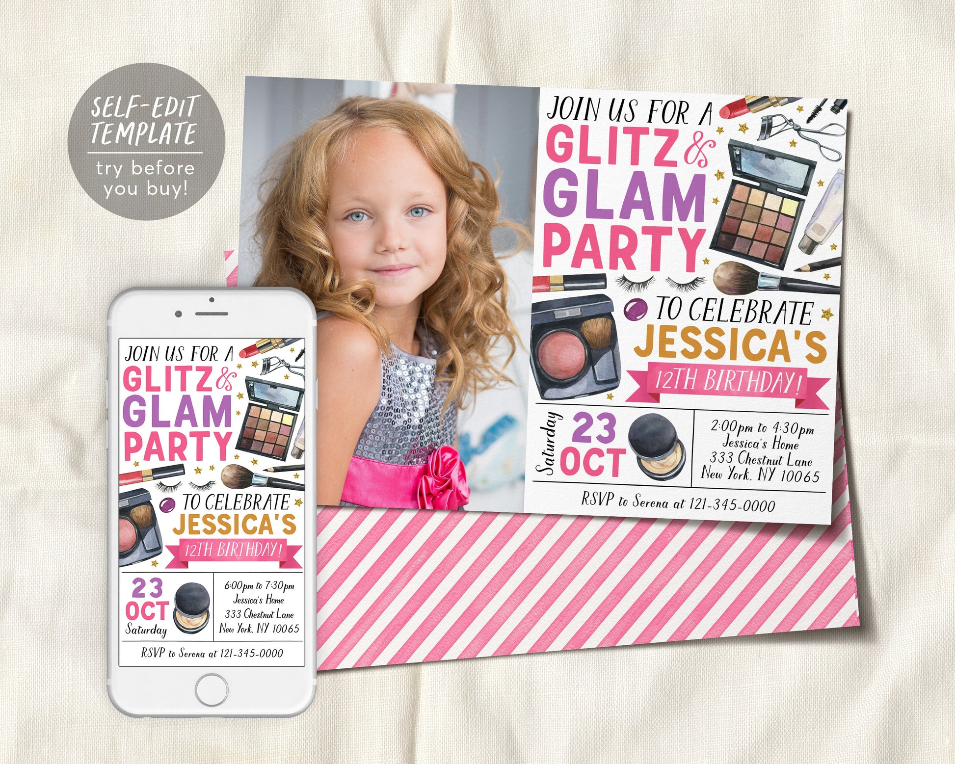 Glitz and Glam Birthday Party Invitation With Photo Editable Template