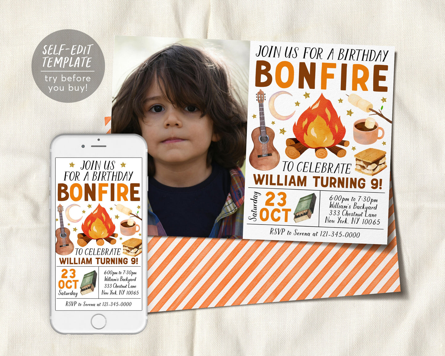 Bonfire Birthday Invitation With Photo Editable Template