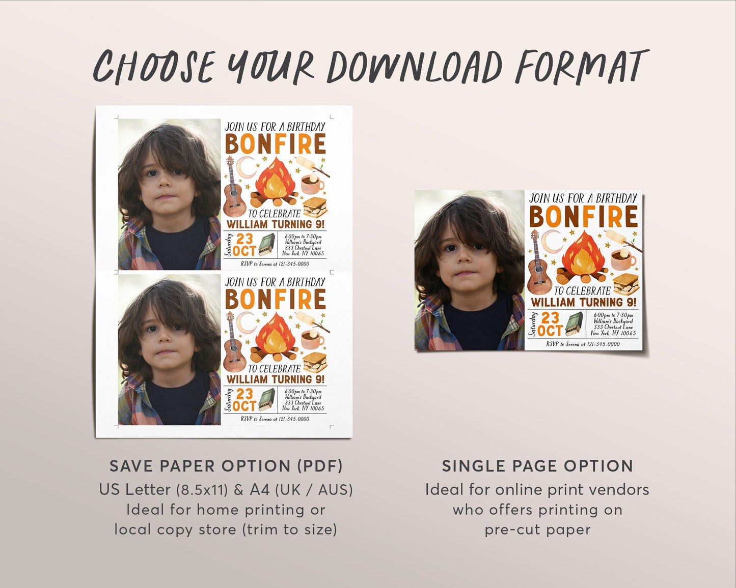 Bonfire Birthday Invitation With Photo Editable Template, Kids Backyard Campfire S'mores Invite, Kids Camping Evite, Smore Fun With Friends