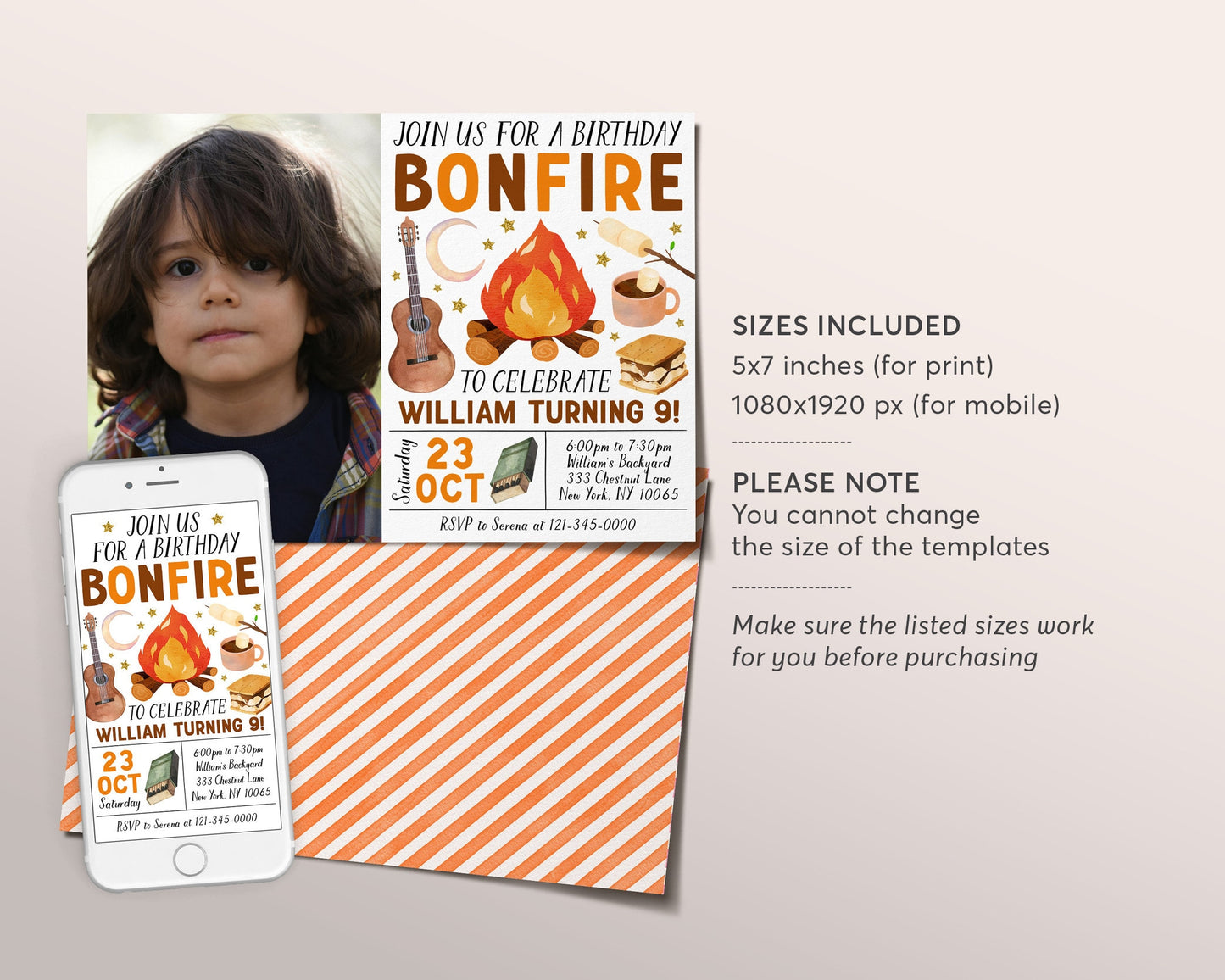 Bonfire Birthday Invitation With Photo Editable Template, Kids Backyard Campfire S'mores Invite, Kids Camping Evite, Smore Fun With Friends