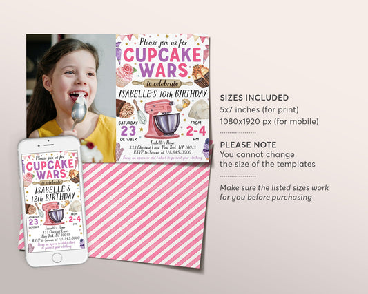 Cupcake Wars Birthday Invitation With Photo Editable Template, Girl Baking Competition Cupcake Decorating Party Invite, Kids Cooking Evite