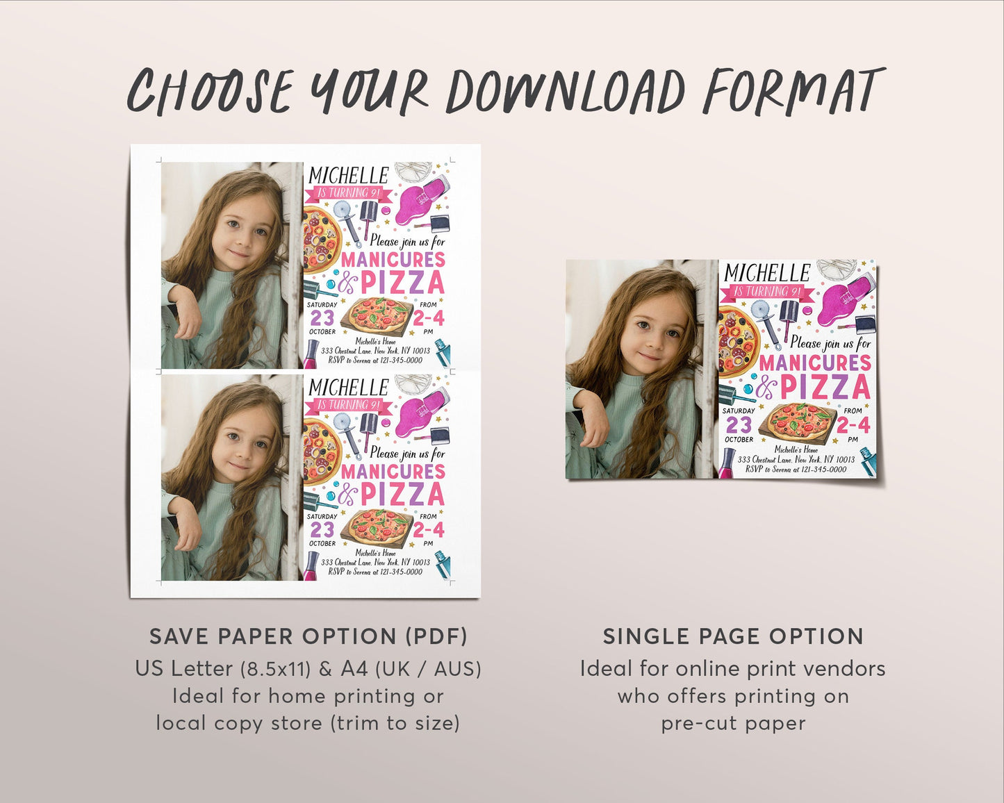 Manicures And Pizza Party With Photo Invitation Editable Template, Pedicures Mani Pedi Spa Day Birthday Invite, Girl Teen Tween Nail Salon