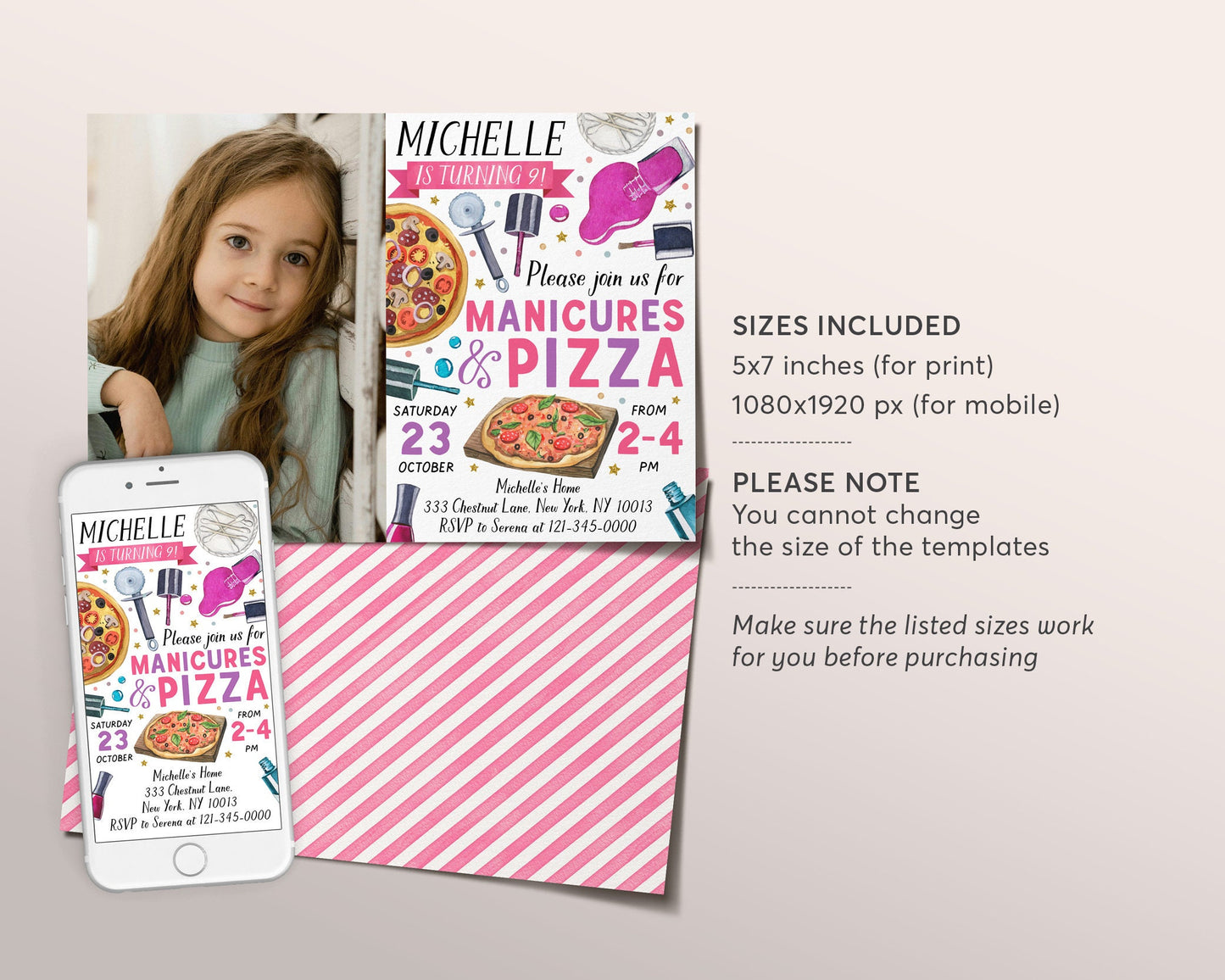 Manicures And Pizza Party With Photo Invitation Editable Template, Pedicures Mani Pedi Spa Day Birthday Invite, Girl Teen Tween Nail Salon