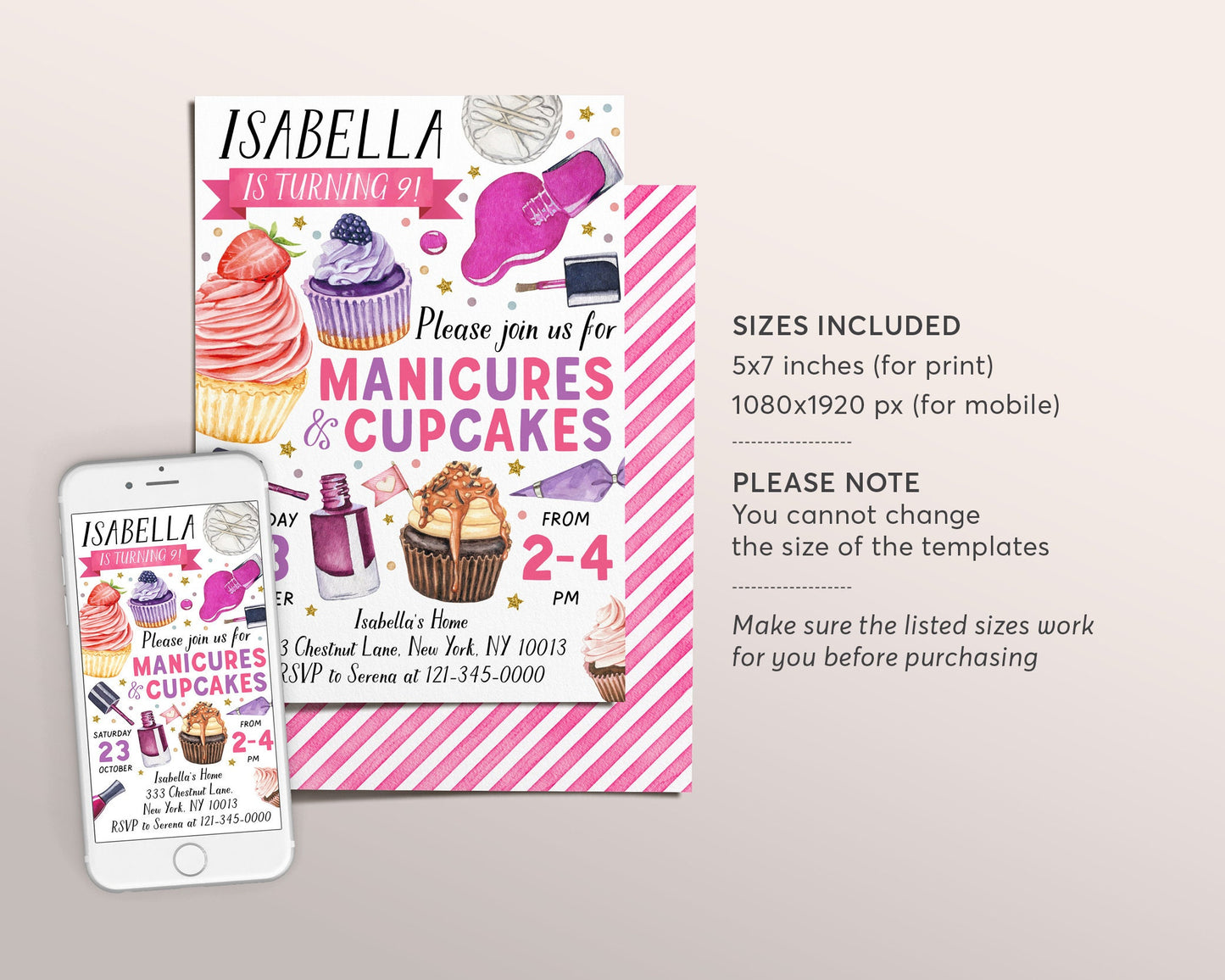 Manicures And Cupcakes Party Invitation Editable Template, Pedicures Mani Pedi Spa Day Birthday Invite, Girl Teen Tween Nail Salon Evite