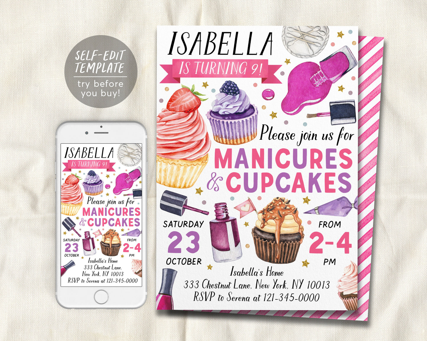 Manicures And Cupcakes Party Invitation Editable Template