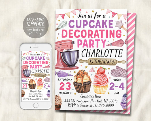 Cupcake Decorating Party Invitation Editable Template