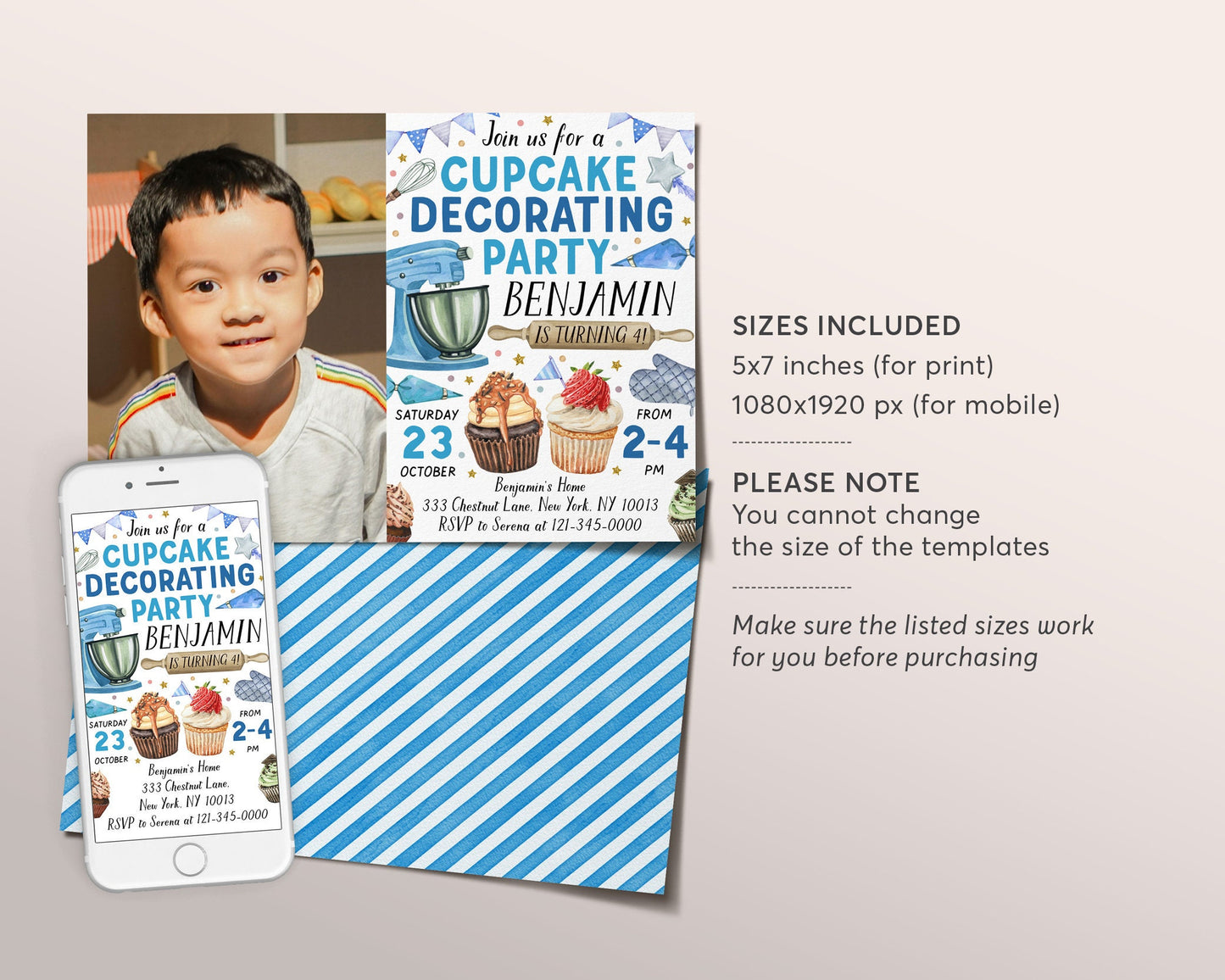 Cupcake Decorating Party Invitation With Photo Editable Template, Unisex Boy Baking Birthday Evite, Kids Preteen Chef Cooking Party Invite