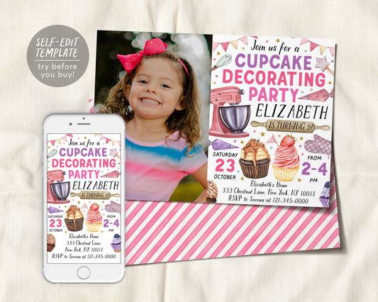 Cupcake Decorating Party Invitation With Photo Editable Template