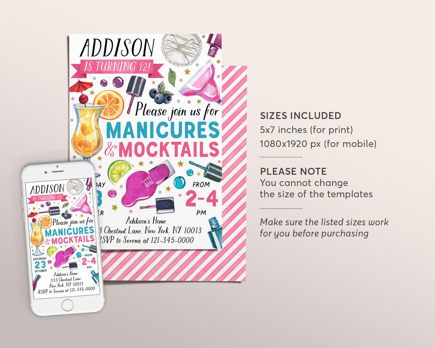 Manicures And Mocktails Party Invitation Editable Template, Pedicures Mani Pedi Spa Day Pamper Party Birthday Invite, Teen Tween Nail Salon