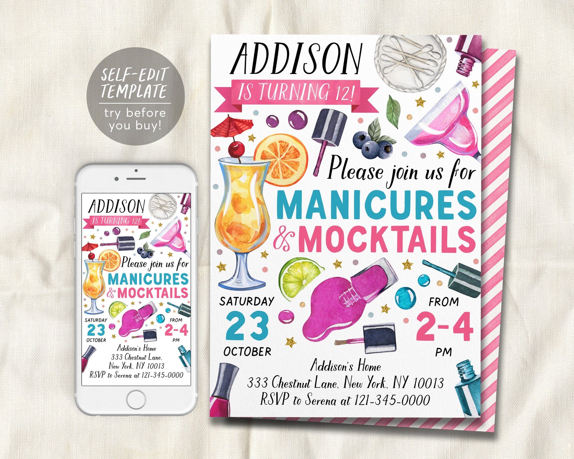 Manicures And Mocktails Party Invitation Editable Template