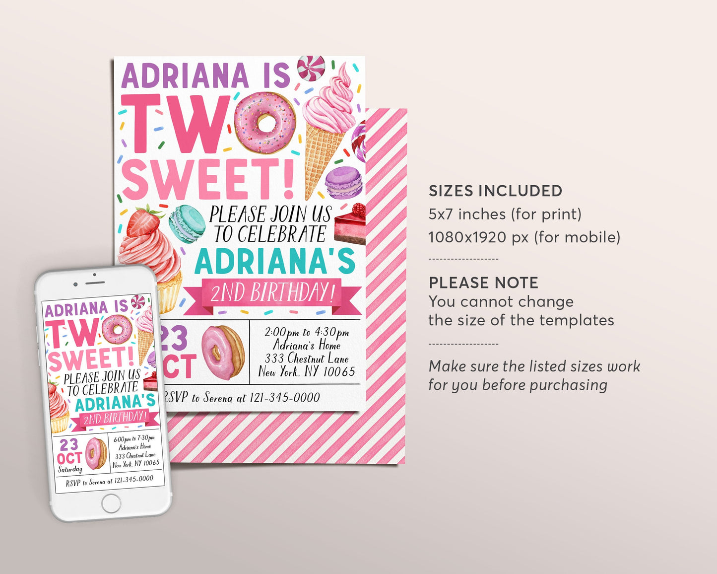 Two Sweet Invitation Editable Template, Girl Donut 2nd Birthday Invite, Blush Two Year Donuts Sweets Candy Dessert Party Sprinkles Evite