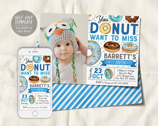 Donut Birthday Invitation With Photo Editable Template