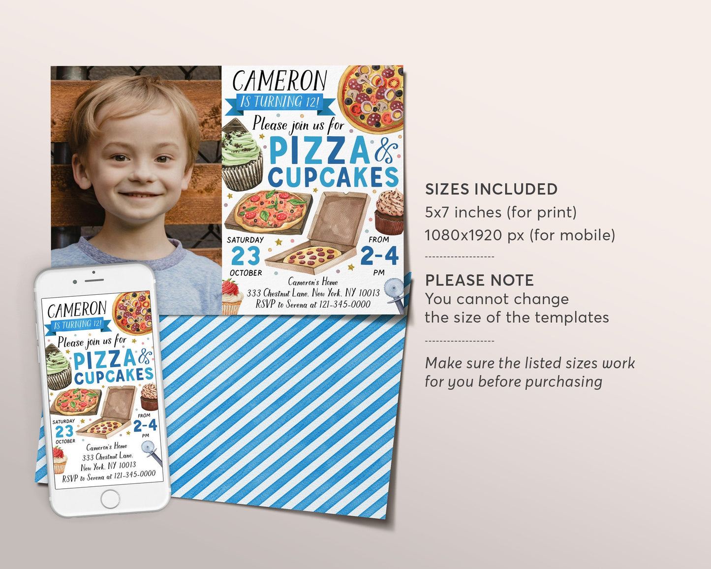 Pizza And Cupcakes Decorating Party Invitation With Photo Editable Template, Boy Baking Birthday Evite, Kids Preteen Chef Cooking Invite