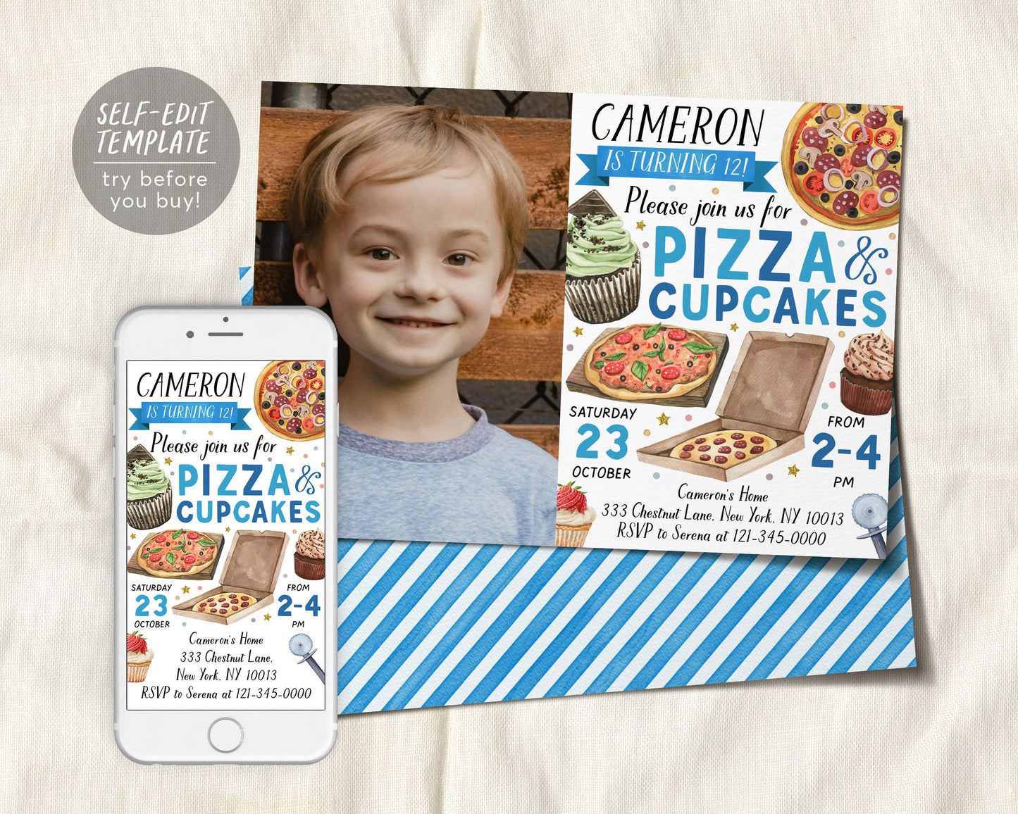 Pizza And Cupcakes Decorating Party Invitation With Photo Editable Template