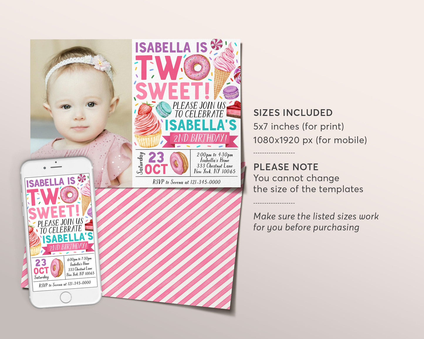 Two Sweet Invitation With Photo Editable Template, Girl Donut 2nd Birthday Invite, Blush Two Year Donuts Sweets Candy Dessert Party Evite