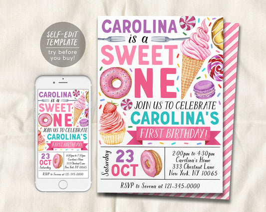 Sweet One Invitation Editable Template