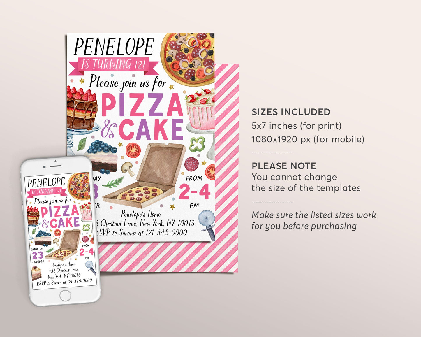 Pizza And Cake Party Invitation Editable Template, Girl Pizza Making Birthday Evite, Kids Preteen Slice Of Fun Invite Watercolor Printable