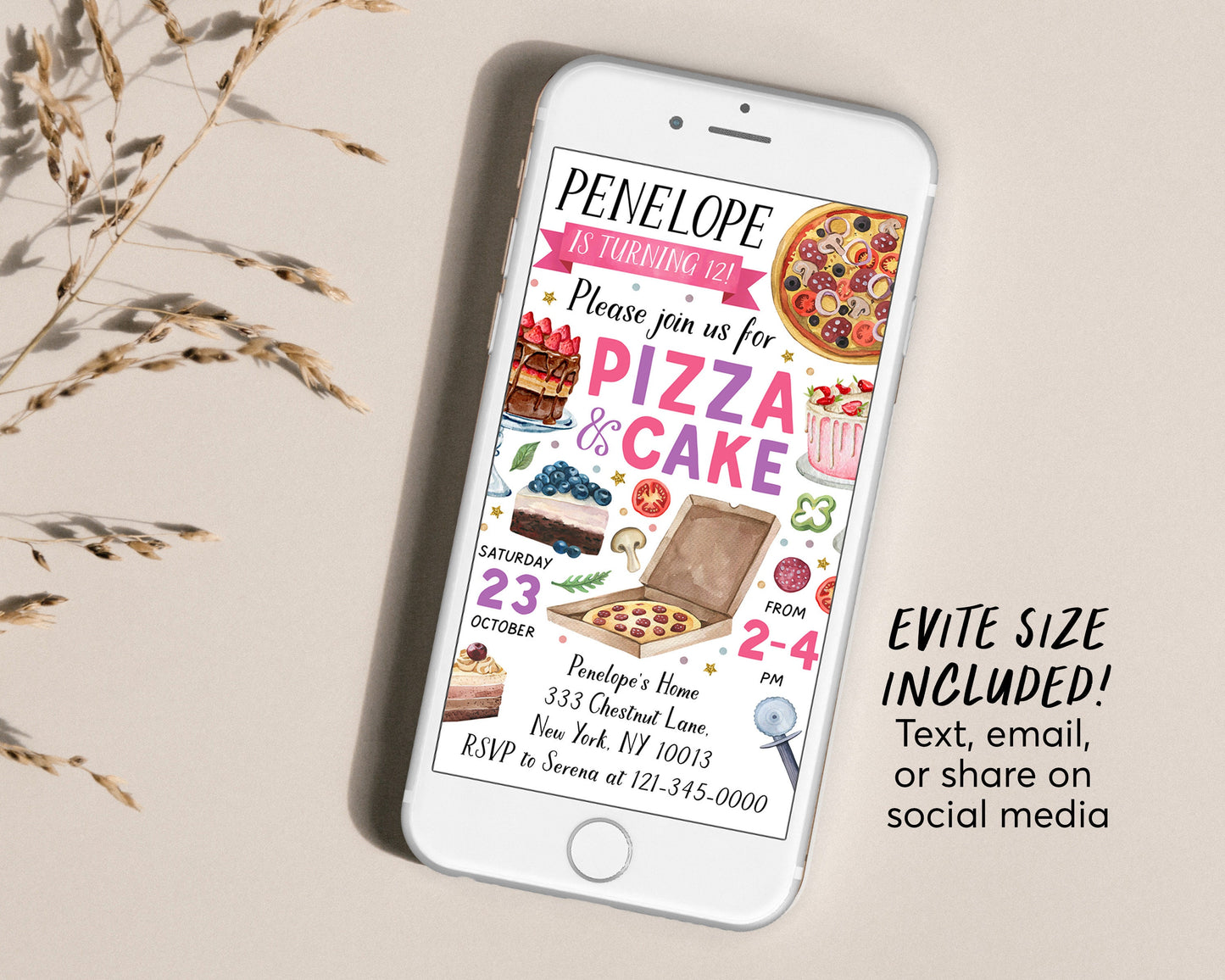 Pizza And Cake Party Invitation Editable Template, Girl Pizza Making Birthday Evite, Kids Preteen Slice Of Fun Invite Watercolor Printable