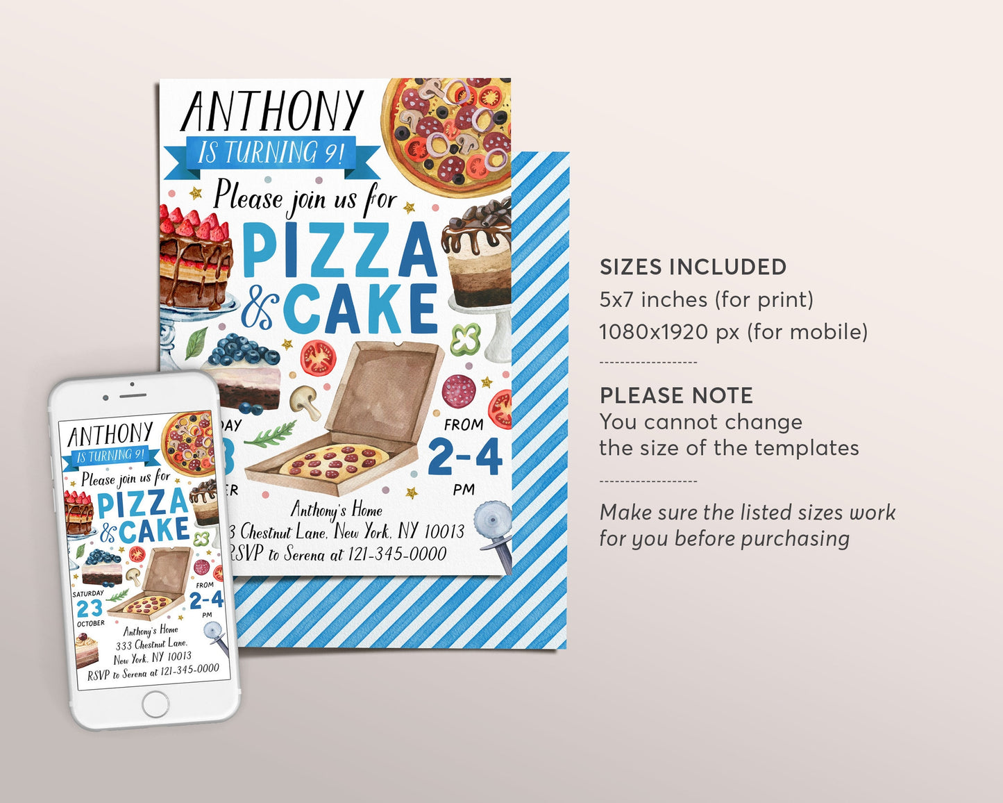 Pizza And Cake Party Invitation Editable Template, Boy Pizza Making Birthday Evite, Kids Preteen Slice Of Fun Invite Watercolor Printable