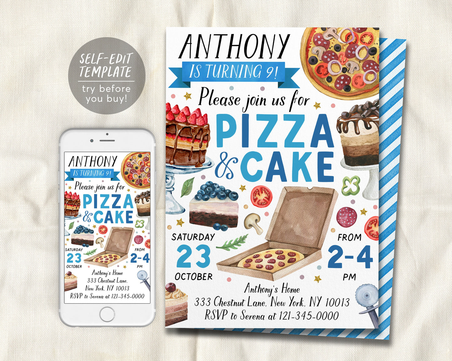 Pizza And Cake Decorating Party Invitation Editable Template