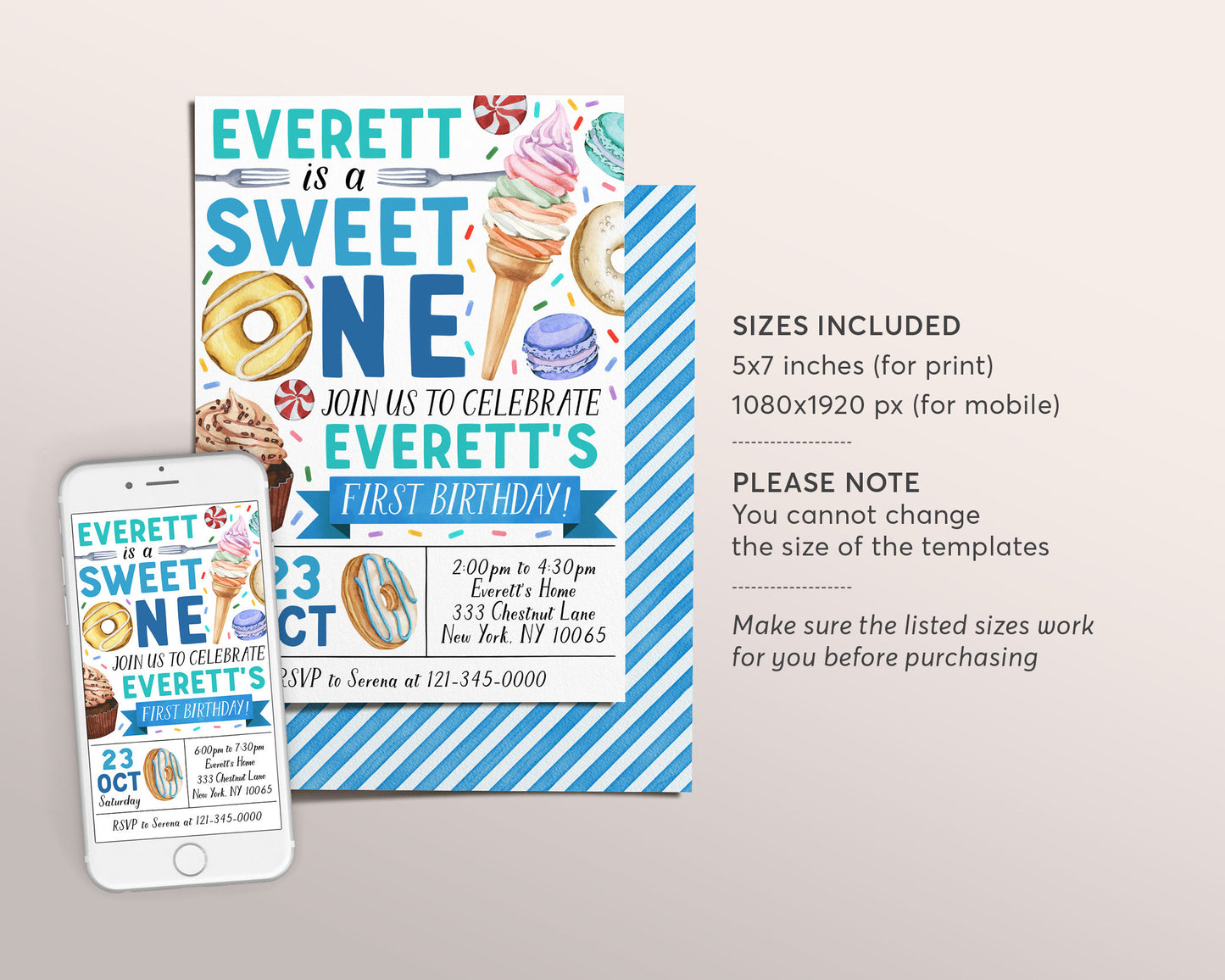 Sweet One Invitation Editable Template, Boy Donut First Birthday Invite, Unisex One Year Donuts And Candy Sweets Dessert Themed Party Evite