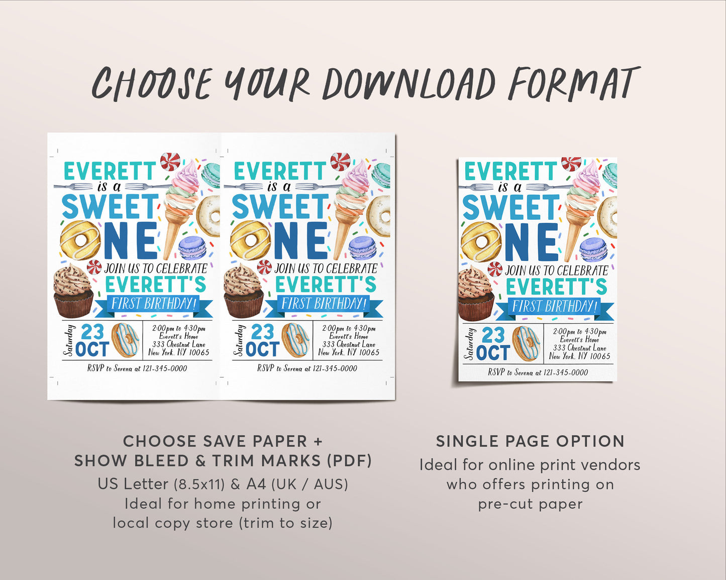 Sweet One Invitation Editable Template, Boy Donut First Birthday Invite, Unisex One Year Donuts And Candy Sweets Dessert Themed Party Evite