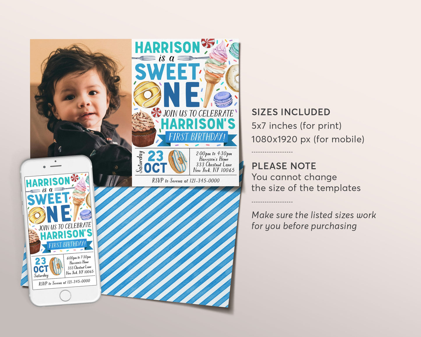 Sweet One Invitation With Photo Editable Template, Boy Donut First Birthday Invite, One Year Donuts And Candy Dessert Themed Party Evite