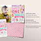 Sweet One Invitation With Photo Editable Template, Girl Donut First Birthday Invite, One Year Donuts And Candy Dessert Themed Party Evite