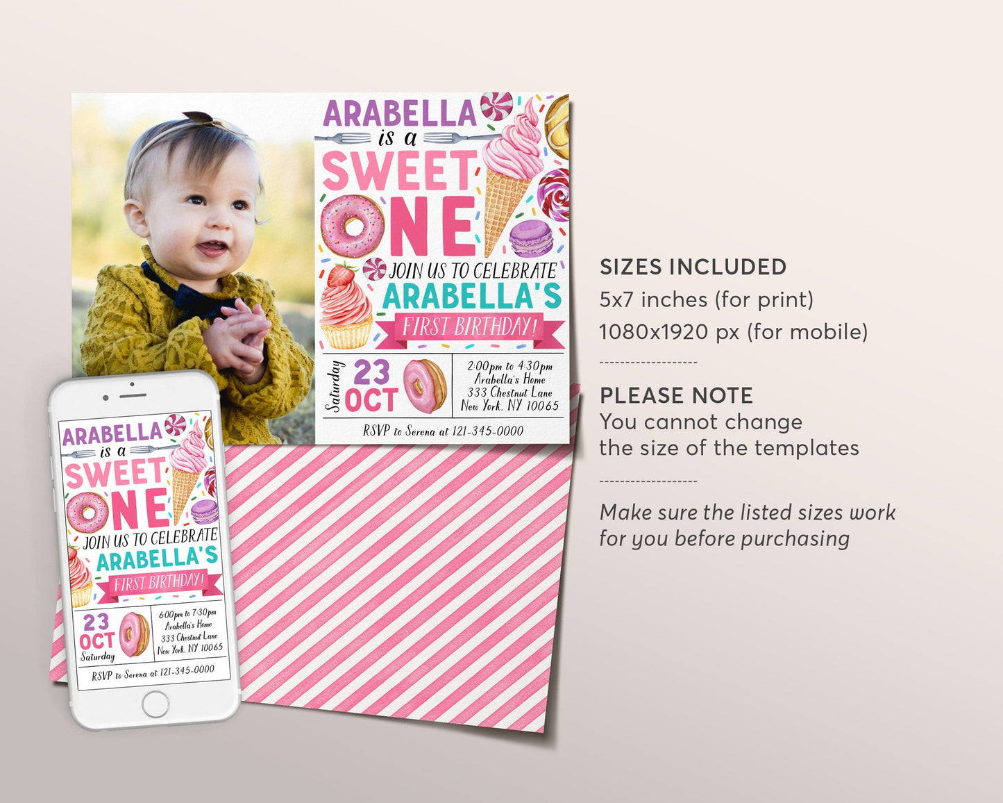 Sweet One Invitation With Photo Editable Template, Girl Donut First Birthday Invite, One Year Donuts And Candy Dessert Themed Party Evite
