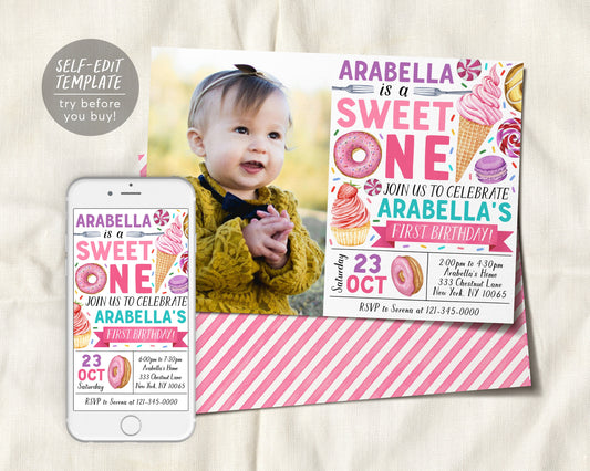 Sweet One Invitation With Photo Editable Template