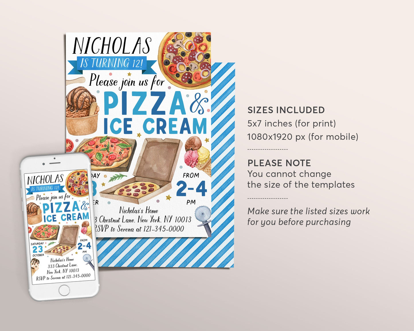 Pizza and Ice Cream Birthday Party Invitation Editable Template, Kids Summer Ice Cream Party Invite, Pizza Making Evite, Boy Teen Tween