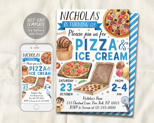 Pizza and Ice Cream Birthday Party Invitation Editable Template