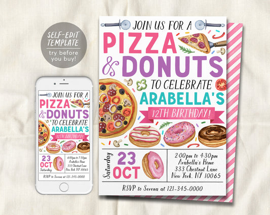 Pizza and Donuts Birthday Invitation Editable Template