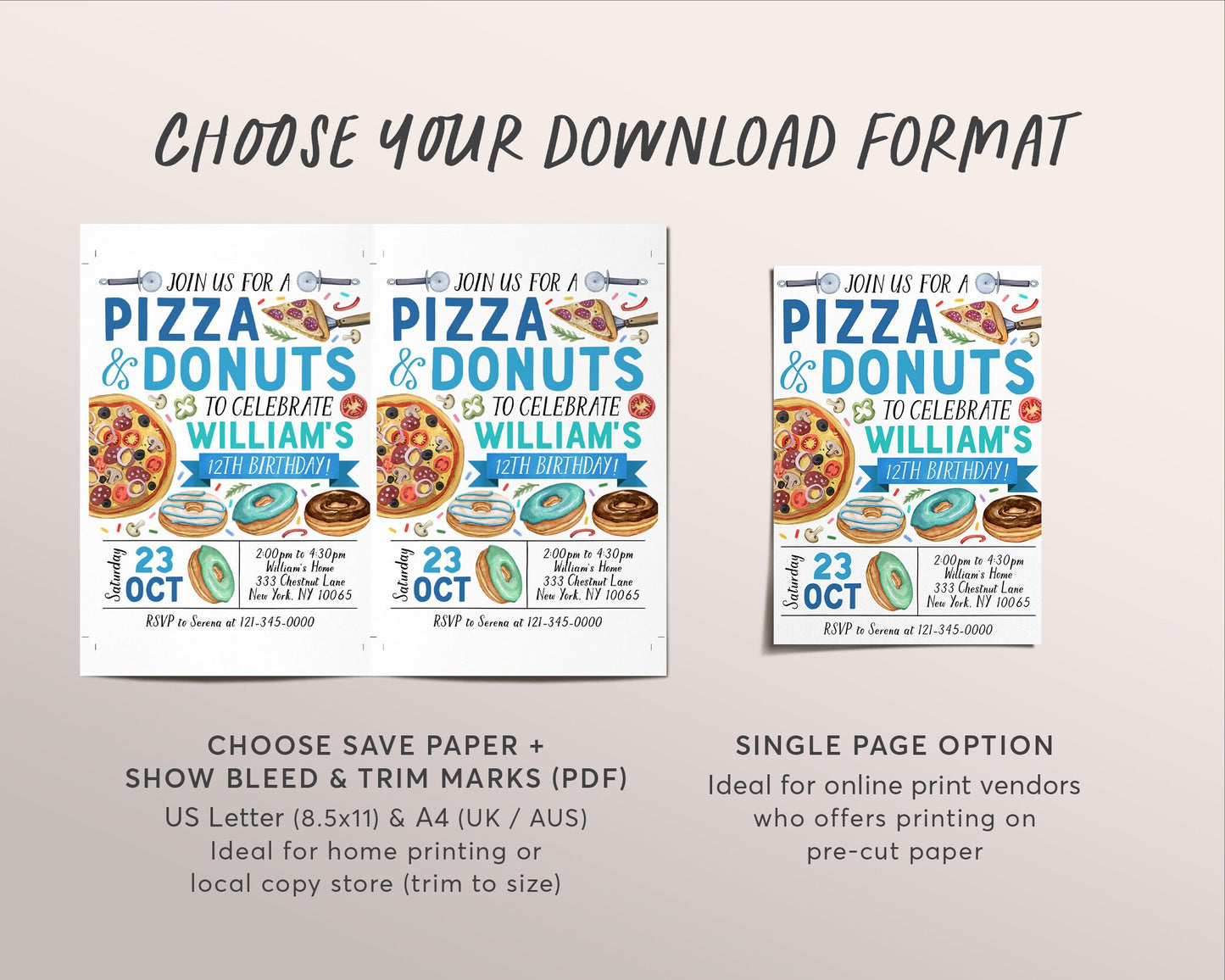 Pizza and Donuts Birthday Invitation Editable Template, Boy Donut And Pizza Party Invite, Kids Pizzeria Pizza Making Evite, Slice Of Fun